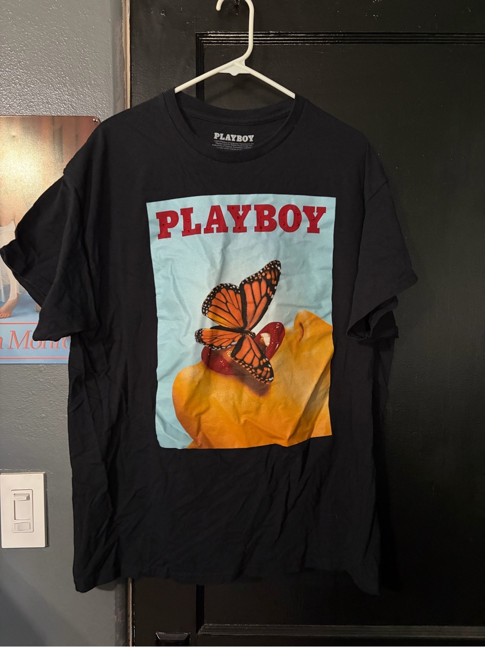PLAYBOY Women’s Black Graphic Tee with Butterfly Print
